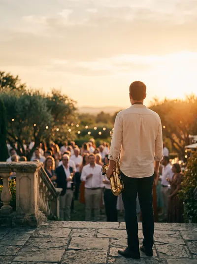 Saxophoniste de dos, invités dans un jardin au coucher du soleil
