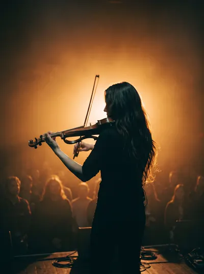 Violoniste en contre-jour sur scène, public dans la brume