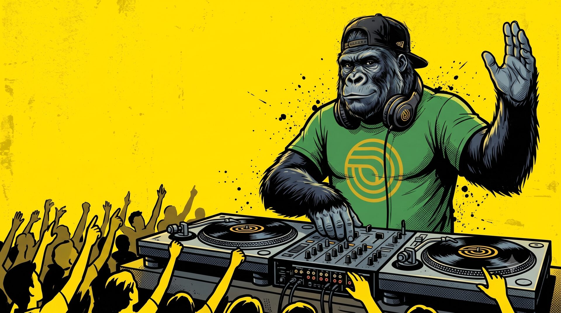 Le Singe, DJ derrière ses platines, illustration en gorille sur fond jaune